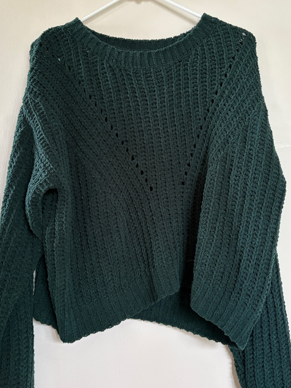 Love Tree Deep Green Openwork Knit Crewneck Sweater